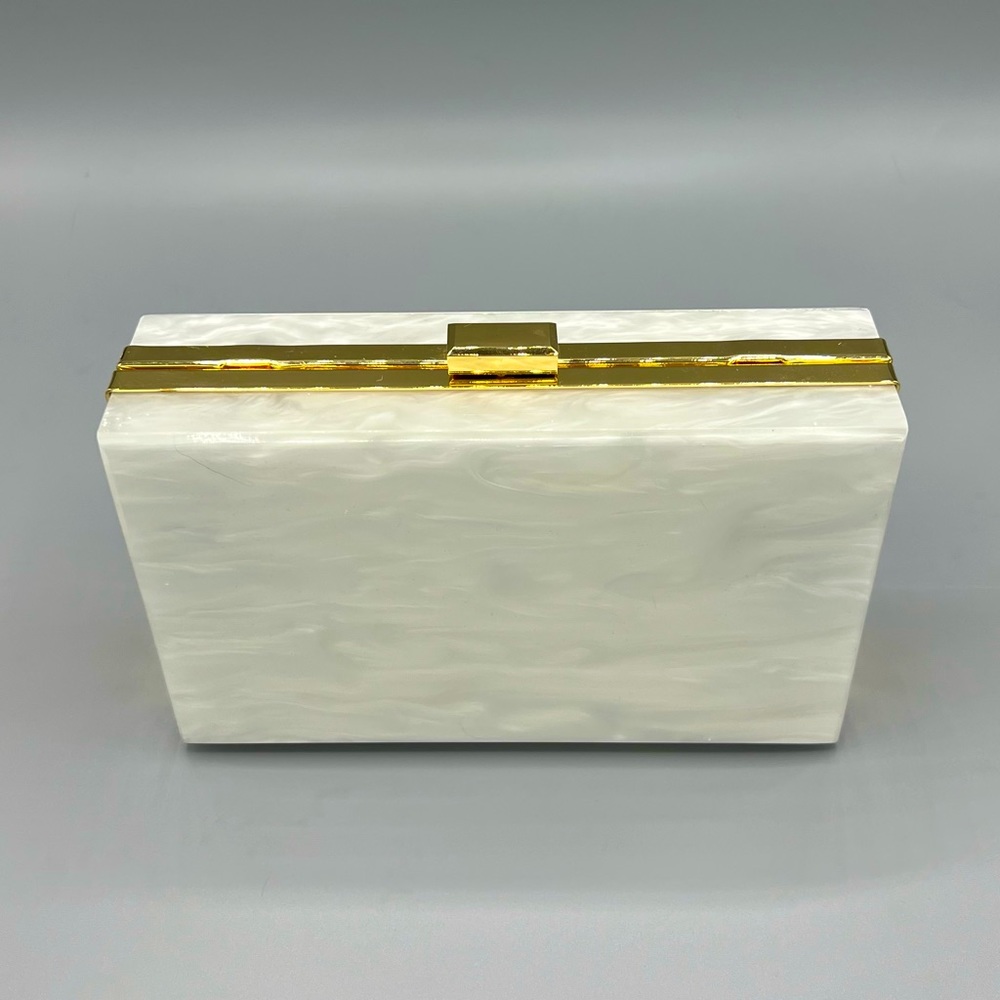New Rachel Zoe Pearl White Lucite Clutch Purse with Gold Metal Strap